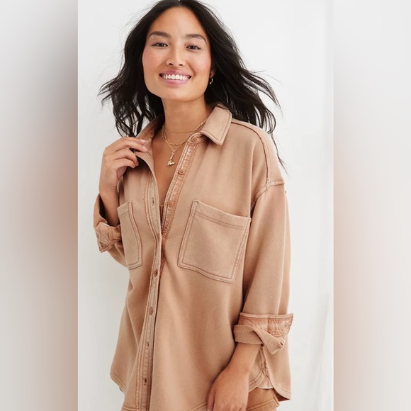 aerie Jackets & Blazers - Aerie LumberJane Fleece Shacket Size XL NWT Toasty Tan Button Up Shirt Jacket